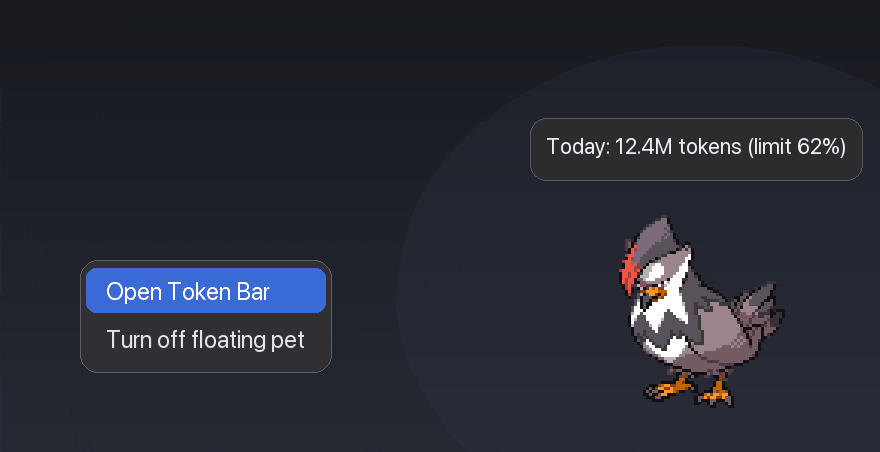 The floating desktop pet with a hover callout showing today's tokens and a right-click menu