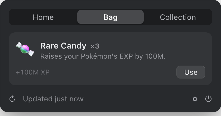 Bag tab showing a Rare Candy item earned from filling a usage limit