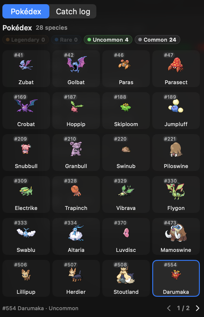 Pokédex view: one cell per species owned, in dex-number order
