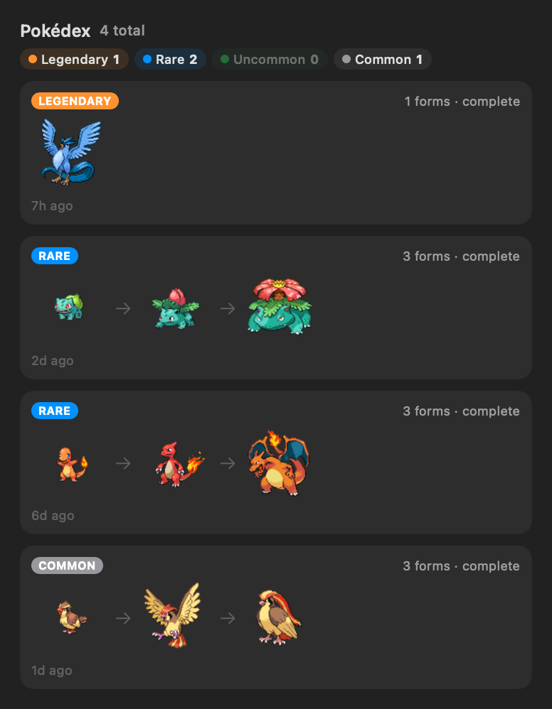 Collection / Pokédex view: graduated Pokémon sorted by rarity with full evolution lines