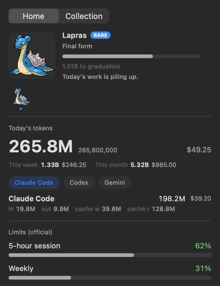 PokeTokenBar popover: animated Lapras companion, provider tabs (Claude Code / Codex / Gemini / OpenCode / Hermes / Cursor), today's combined tokens and official limit bars