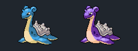 Normal Lapras next to its shiny purple variant, both animated